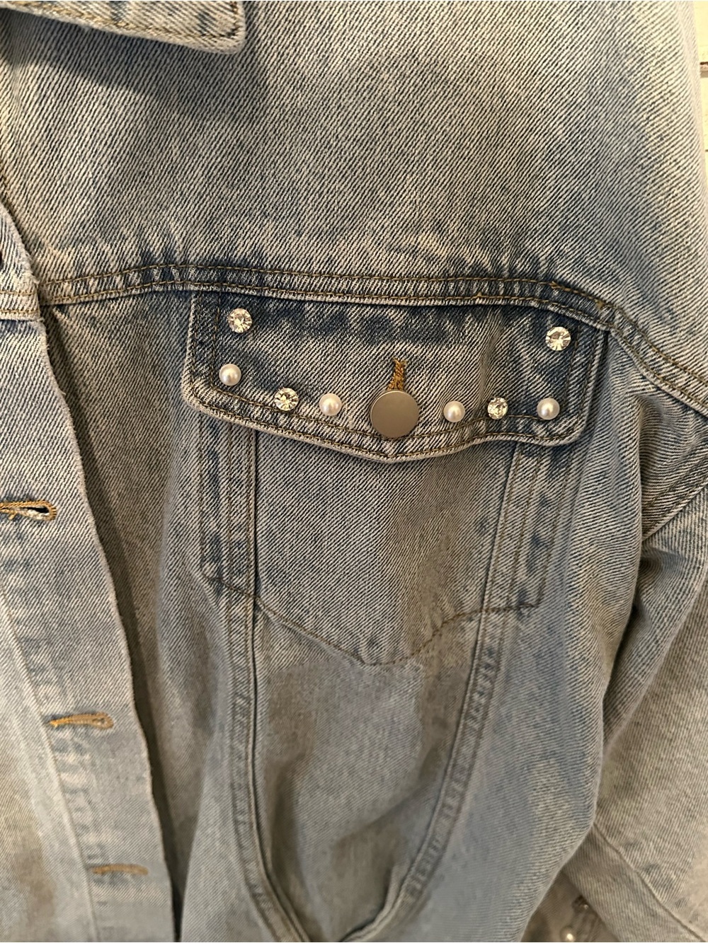 BIBI Light Gray Pearl-Trim Denim Jacket - Picture 2 of 4